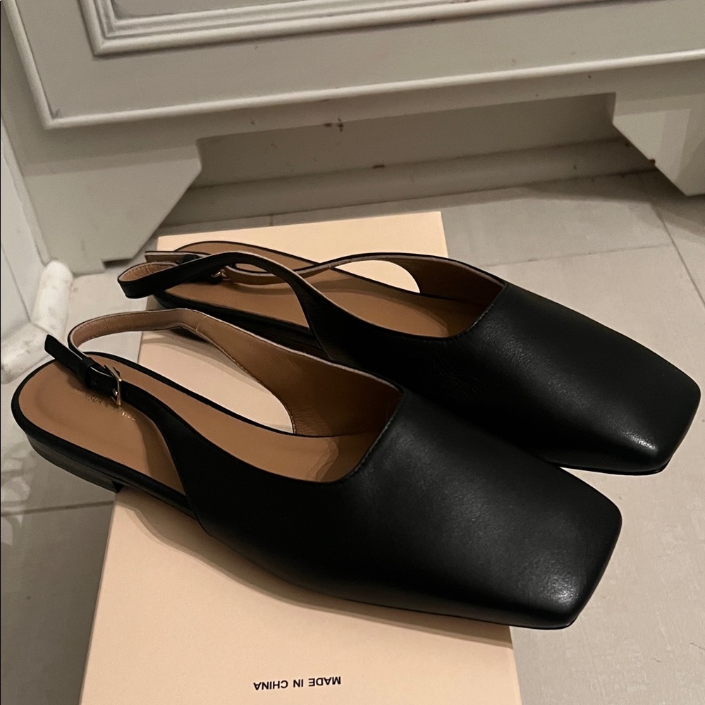 Mansur Gavriel Black Leather Square-Toe Slingback Flats